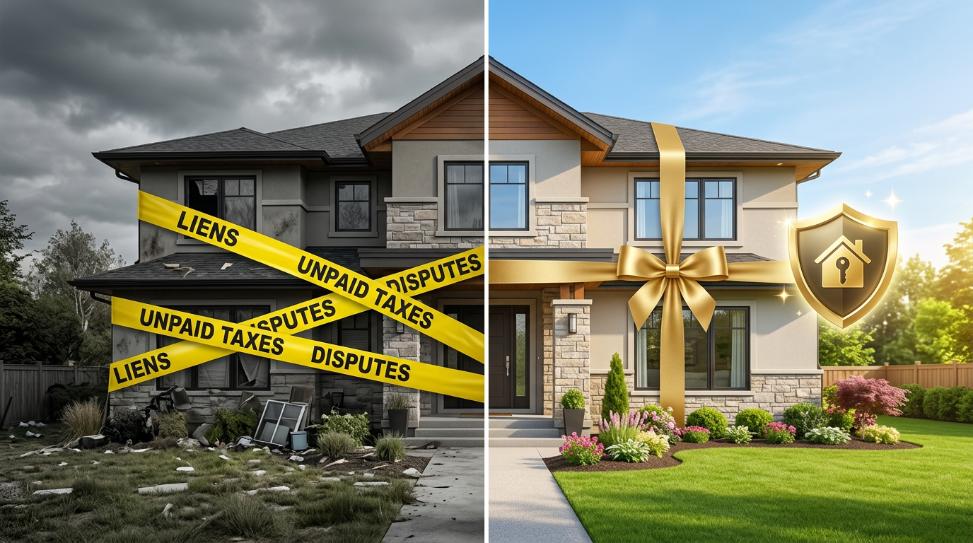 A split-screen graphic by AtoZ Title and Settlement contrasting a house tangled in financial liens and unpaid taxes on the left, with a secure, clear title home wrapped in a gold ribbon and protective shield on the right.
