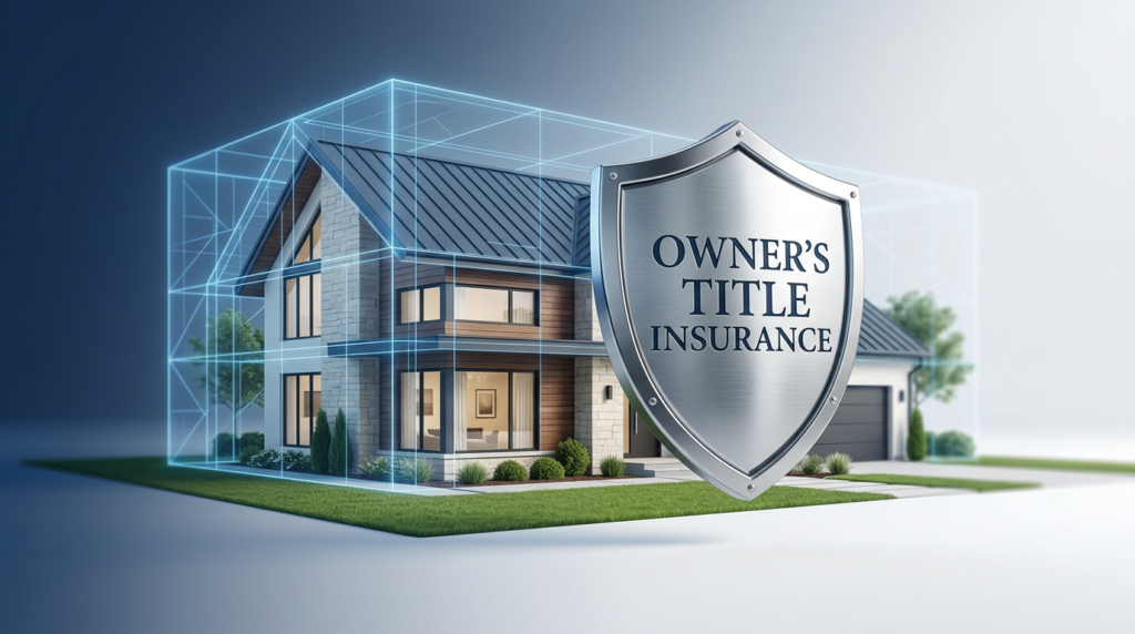 A modern suburban house protected by a transparent blue glowing force field, with a polished metallic shield in front engraved with the words "OWNER'S TITLE INSURANCE" against a clean navy blue background.